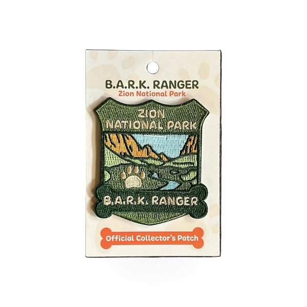 Eagle River Designs BARK Ranger dog patch with Zion theme, featuring vibrant embroidery and detailed design on a fabric background.