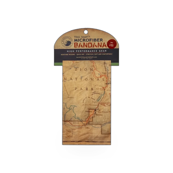 McGovern Maps Zion National Park Map bandana featuring detailed park design and natural landscape imagery.