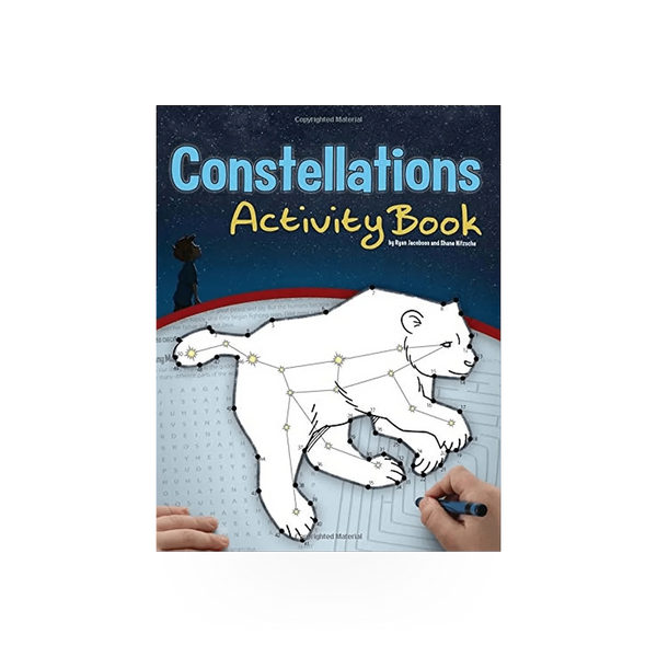AdventureKeen Constellations Activity Book, a colorful educational book with star maps and constellation puzzles for kids.