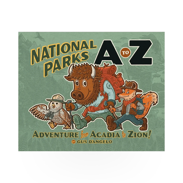 Open book titled "National Parks A to Z" by Mountaineers Books, showing colorful pages and park illustrations.