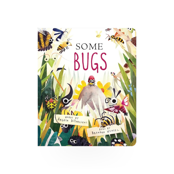Simon & Schuster Some Bugs Board Book showing colorful bug illustrations and children reading together.