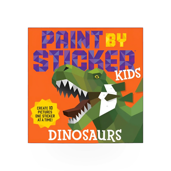 Color paint-by-sticker book featuring dinosaurs, with vibrant illustrations and sticker pages for creative coloring activities.