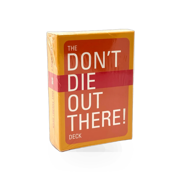Deck for "Don't Die Out There" by Mountaineers Books, featuring outdoor adventure and survival-themed illustrations.
