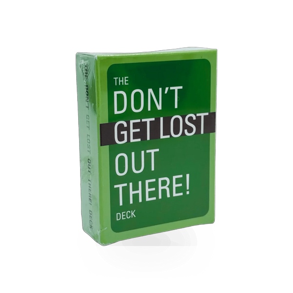 A deck of "Don't Get Lost Out There" pub cards by Mountaineers Books featuring outdoor navigation tips and wilderness safety advice.