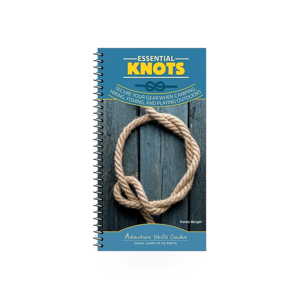 Illustration from AdventureKeen's Essential Knots Adventure Skill Guide showing various climbing and camping knots on a page.
