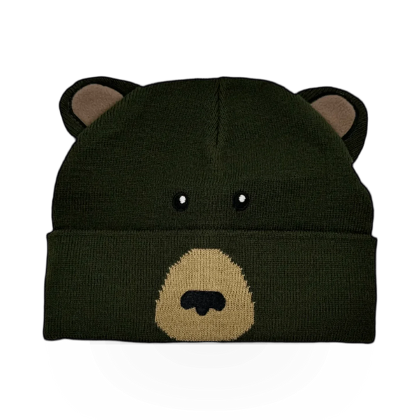 Julie + Joe beanie hat featuring a cute knit bear design, perfect for cozy winter wear and casual style.