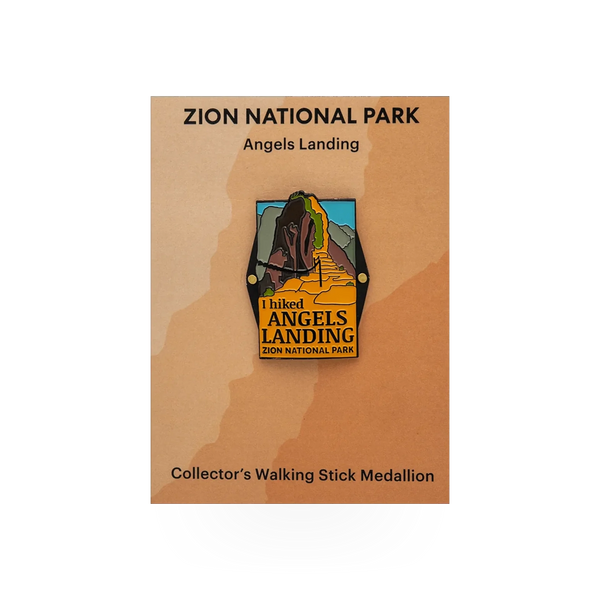 Eagle River Designs hiking stick medallion featuring Angels Landing theme with mountain and hiking imagery.