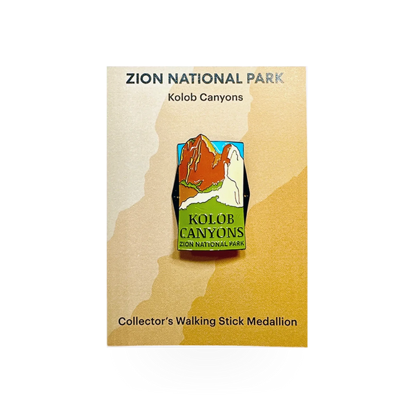 Eagle River Designs Kolob hiking stick medallion with engraved mountain and river scene, ideal for outdoor enthusiasts.