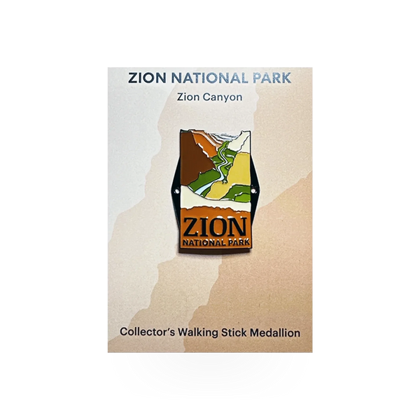 Eagle River Designs hiking stick medallion featuring Zion National Park theme with engraved landscape design.
