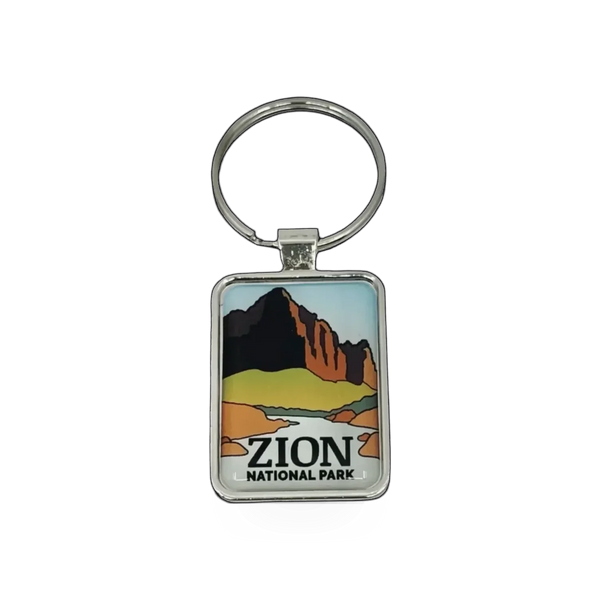 Eagle River Designs keychain featuring The Watchman Zion with detailed mountain and landscape imagery.