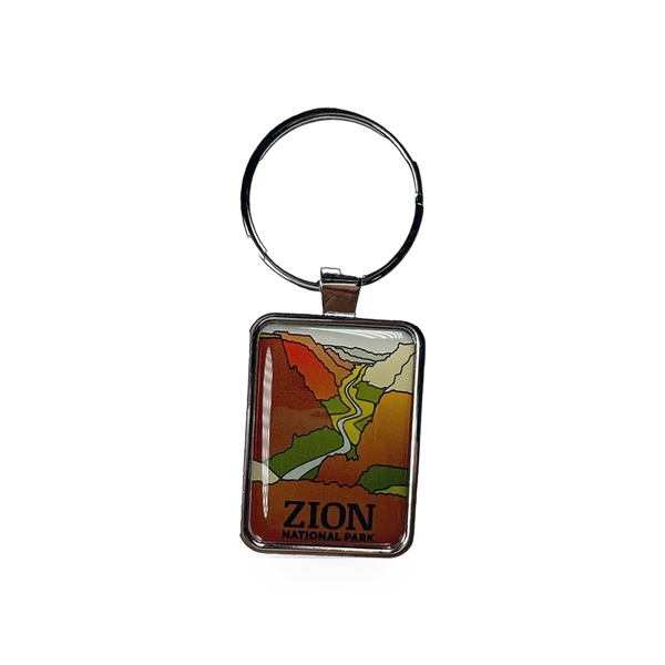 Eagle River Designs Zion Canyon keychain with vibrant canyon landscape and keyring attachment for keys or bags.