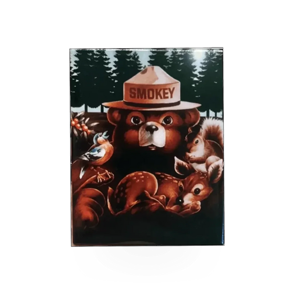 Magnet badge featuring Smokey Bear and friends from CEBR, Impact Photographics, with colorful cartoon design.