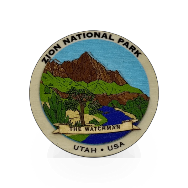 Round wooden magnet featuring a Watchman design by Impact Photographics, ideal for decorative or collectible purposes.
