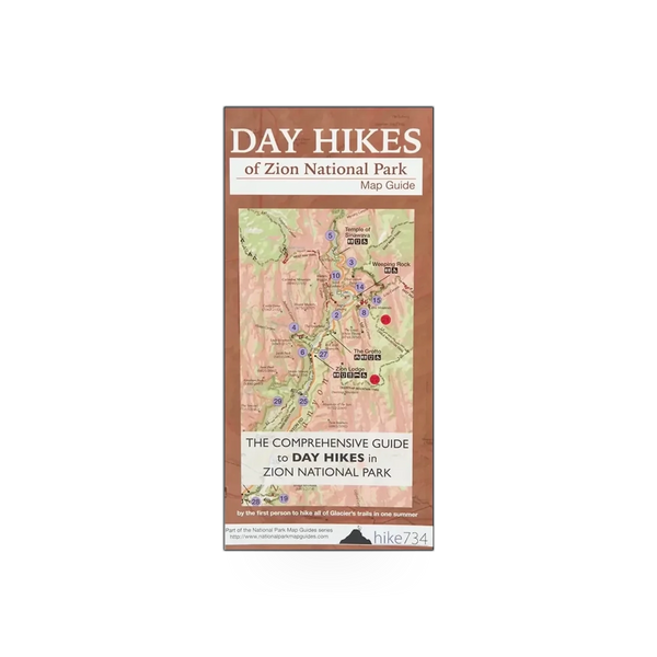 Map of Zion National Park day hikes by Farcountry Press, showing detailed trail routes and scenic areas in Zion.