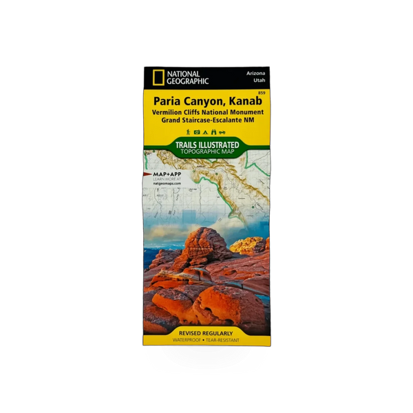 Detailed National Geographic map of Paria Canyon and Kanab area, showing topography, trails, and landmarks.
