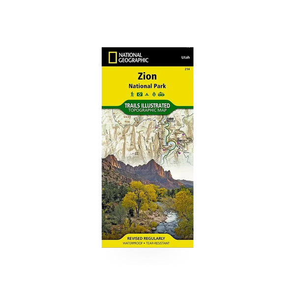 Detailed map of Zion National Park by National Geographic Maps, showing terrain, trails, and scenic viewpoints.