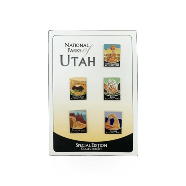 Set of five Eagle River Designs Utah National Parks themed enamel pins featuring iconic park symbols and landmarks.