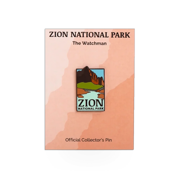 Eagle River Designs Zion Watchman themed pin featuring detailed artwork of the Zion Watchman rock formation in vibrant colors.