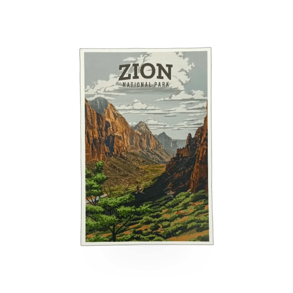 Postcard featuring Zion Canyon landscape with vibrant rock formations and scenic views, by Lantern Press.
