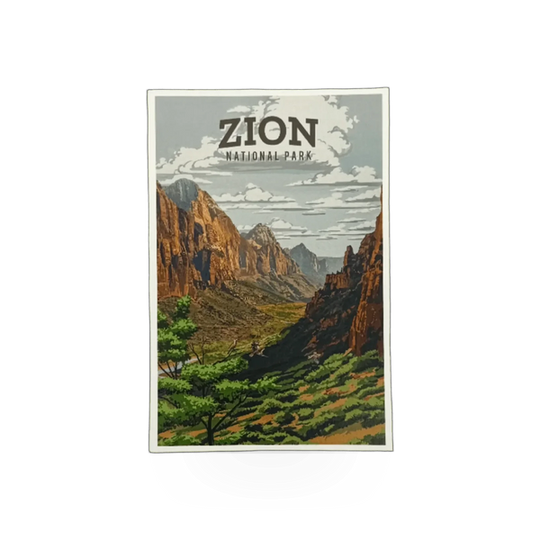 Postcard featuring Zion Canyon landscape with vibrant rock formations and scenic views, by Lantern Press.