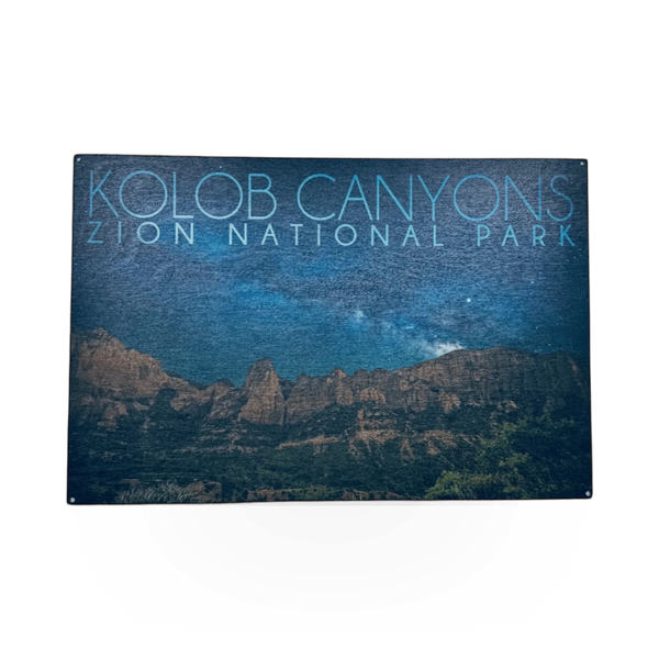 Wooden sign featuring the Night Sky Kolob design by Lantern Press, with natural wood texture and celestial sky illustration.