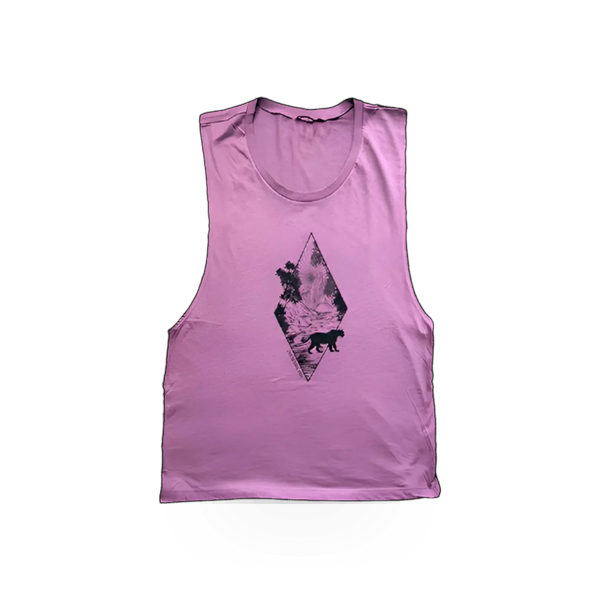Sleeveless outdoor-themed shirt by RMR Designs featuring a diamond pattern, casual style, shown in a close-up image.