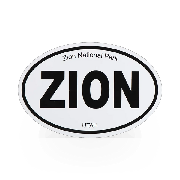 Black and white oval Zion sticker by Impact Photographics featuring a scenic landscape design.