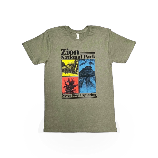 RMR Designs T-shirt featuring "Never Stop Exploring" theme, casual fit with graphic print on front.