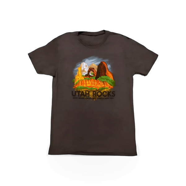 RMR Designs Utah Rocks themed T-shirt featuring mountain and rock graphic in casual style.
