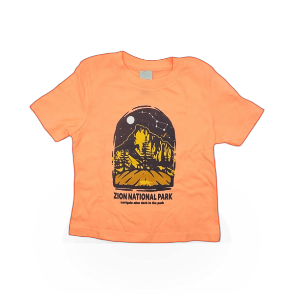 Toddler T-shirt featuring Zion Park After Dark theme by Concept 360, with a colorful mountain and night sky design.