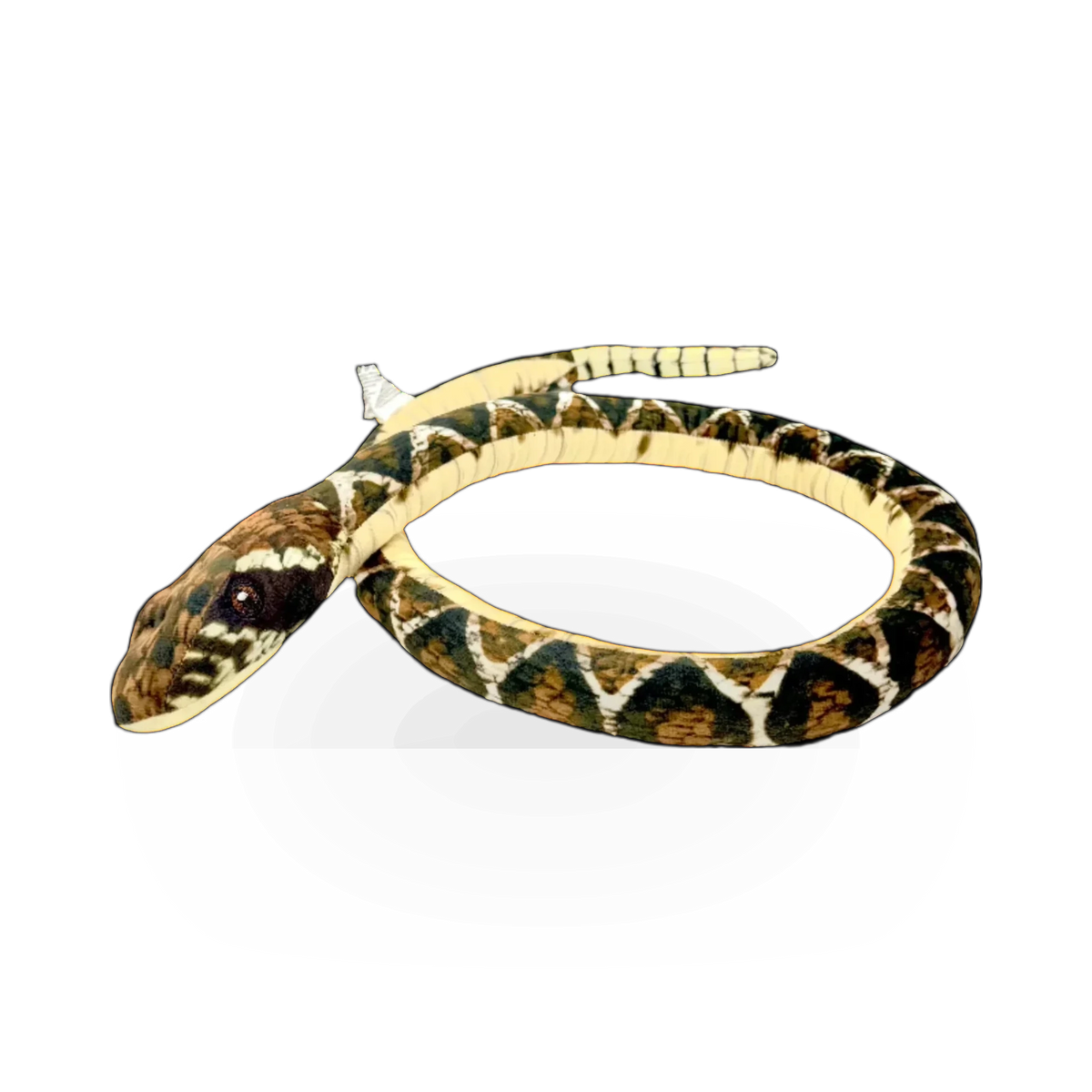 Soft plush rattlesnake toy by Nature Planet Inc, featuring realistic green and brown scales and a friendly expression.