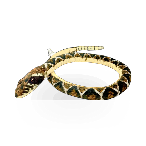 Soft plush rattlesnake toy by Nature Planet Inc, featuring realistic green and brown scales and a friendly expression.