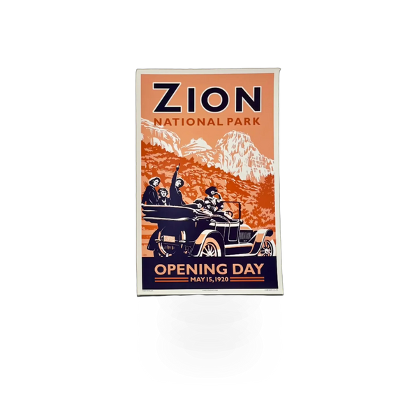 John Clark's "Opening Zion" poster, vibrant full-size artwork featuring scenic Zion National Park imagery.