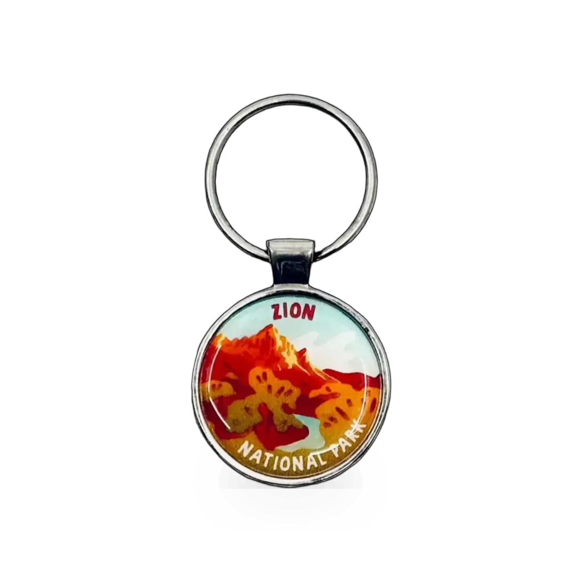 Eagle River Designs Zion National Park merit badge keychain featuring a colorful Zion scenery design.