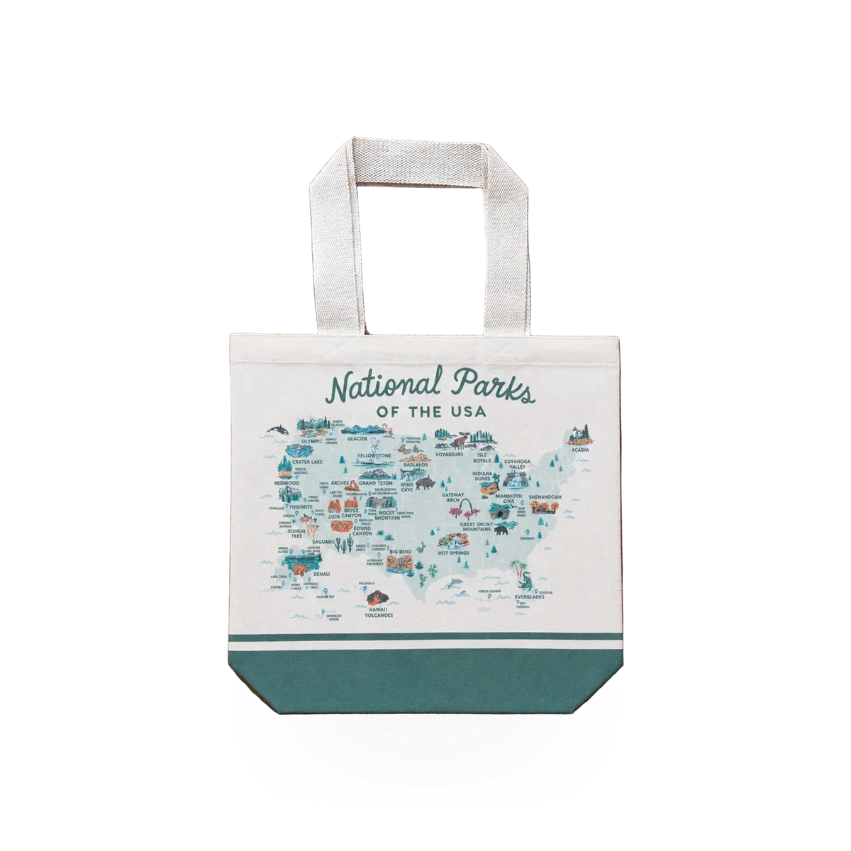 Canvas tote bag featuring National Parks theme by McGovern Maps, with colorful park illustrations on durable fabric.