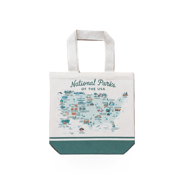 Canvas tote bag featuring National Parks theme by McGovern Maps, with colorful park illustrations on durable fabric.