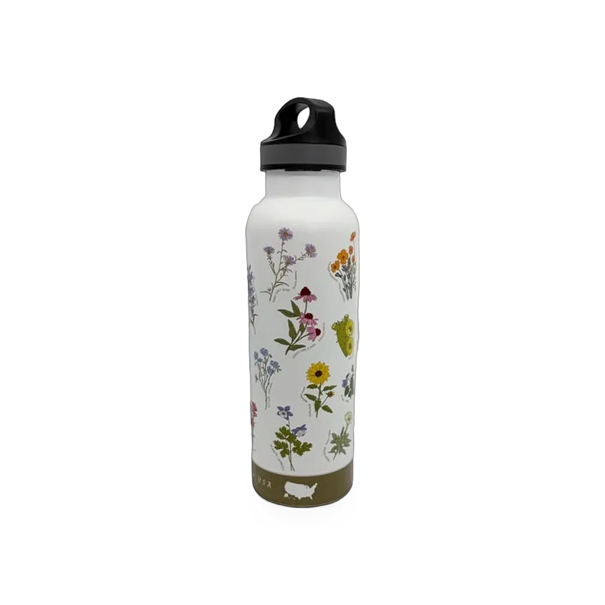 25 oz water bottle featuring Wildflowers of the USA theme by McGovern Maps, with colorful wildflower illustrations on a sleek bottle.