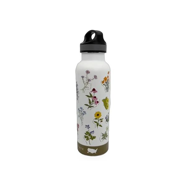 25 oz water bottle featuring Wildflowers of the USA theme by McGovern Maps, with colorful wildflower illustrations on a sleek bottle.