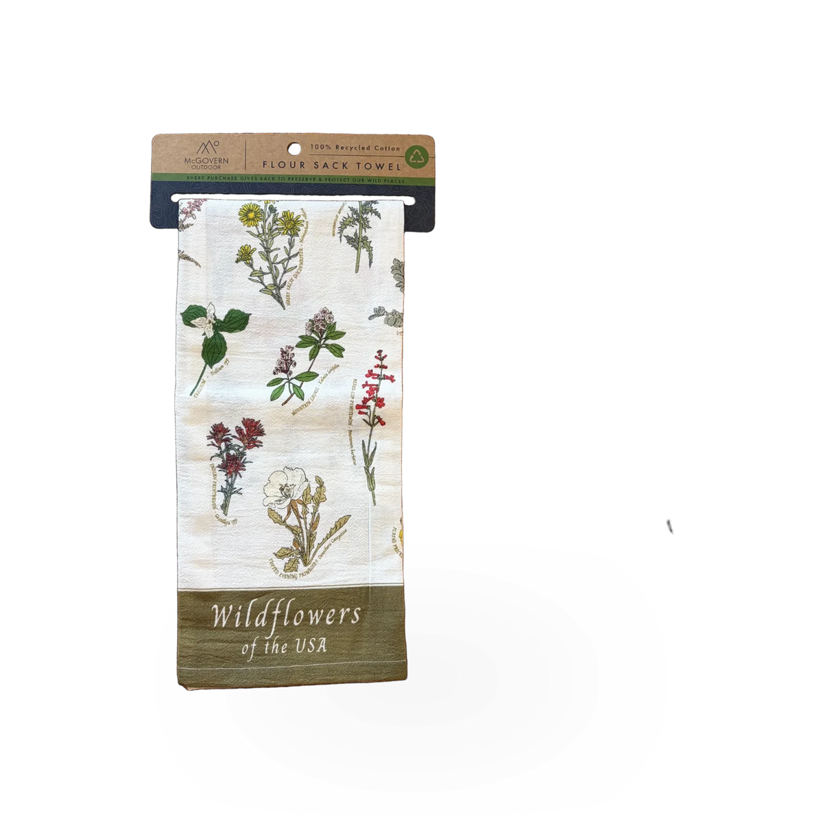 Flour sack towel featuring vibrant wildflowers of the USA, with detailed botanical illustrations by McGovern Maps.