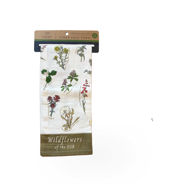 Flour sack towel featuring vibrant wildflowers of the USA, with detailed botanical illustrations by McGovern Maps.