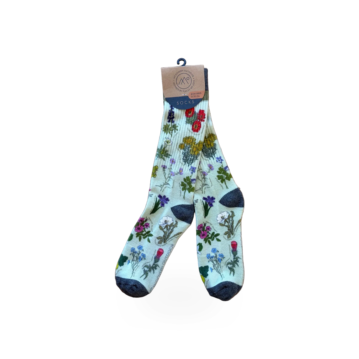 Colorful sock featuring wildflowers of the USA, designed by McGovern Maps, showcasing vibrant floral patterns and detailed botanical illustrations.