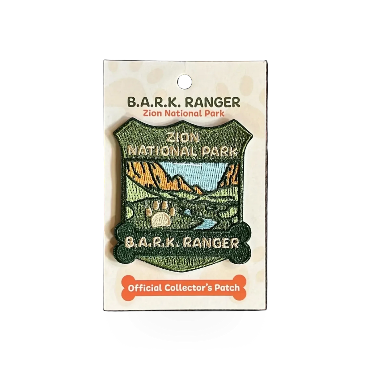 Eagle River Designs BARK Ranger dog patch with Zion theme, featuring vibrant embroidery and detailed design on a fabric background.