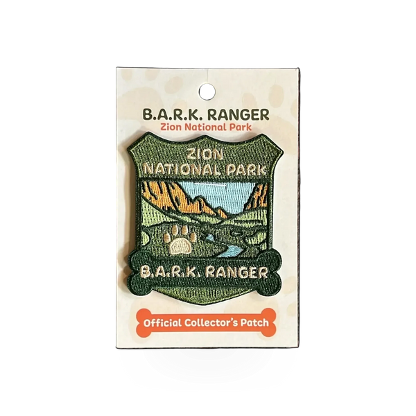 Eagle River Designs BARK Ranger dog patch with Zion theme, featuring vibrant embroidery and detailed design on a fabric background.