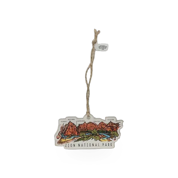 Wild Tribute Zion Panoramic Theme ornament showcasing a detailed panoramic landscape of Zion National Park.