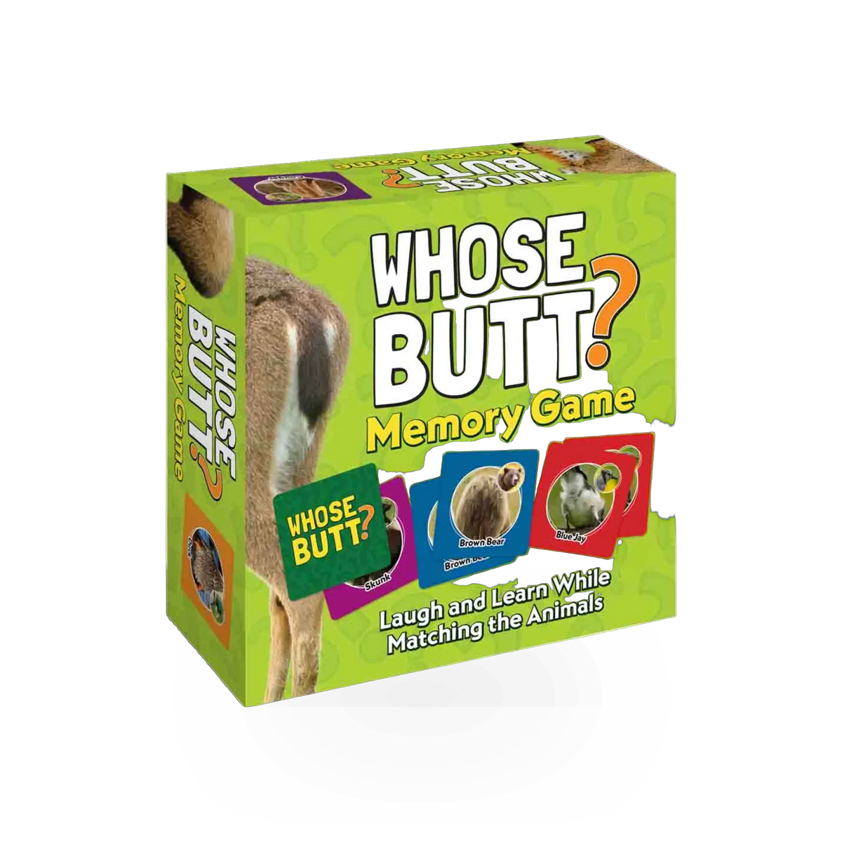 Screenshot of AdventureKeen's "Whose Butt" memory game box featuring colorful cartoon characters and playful design.