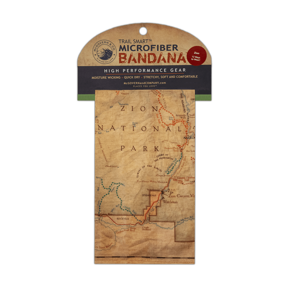 McGovern Maps Zion National Park map bandana featuring detailed park illustration and topographic design.