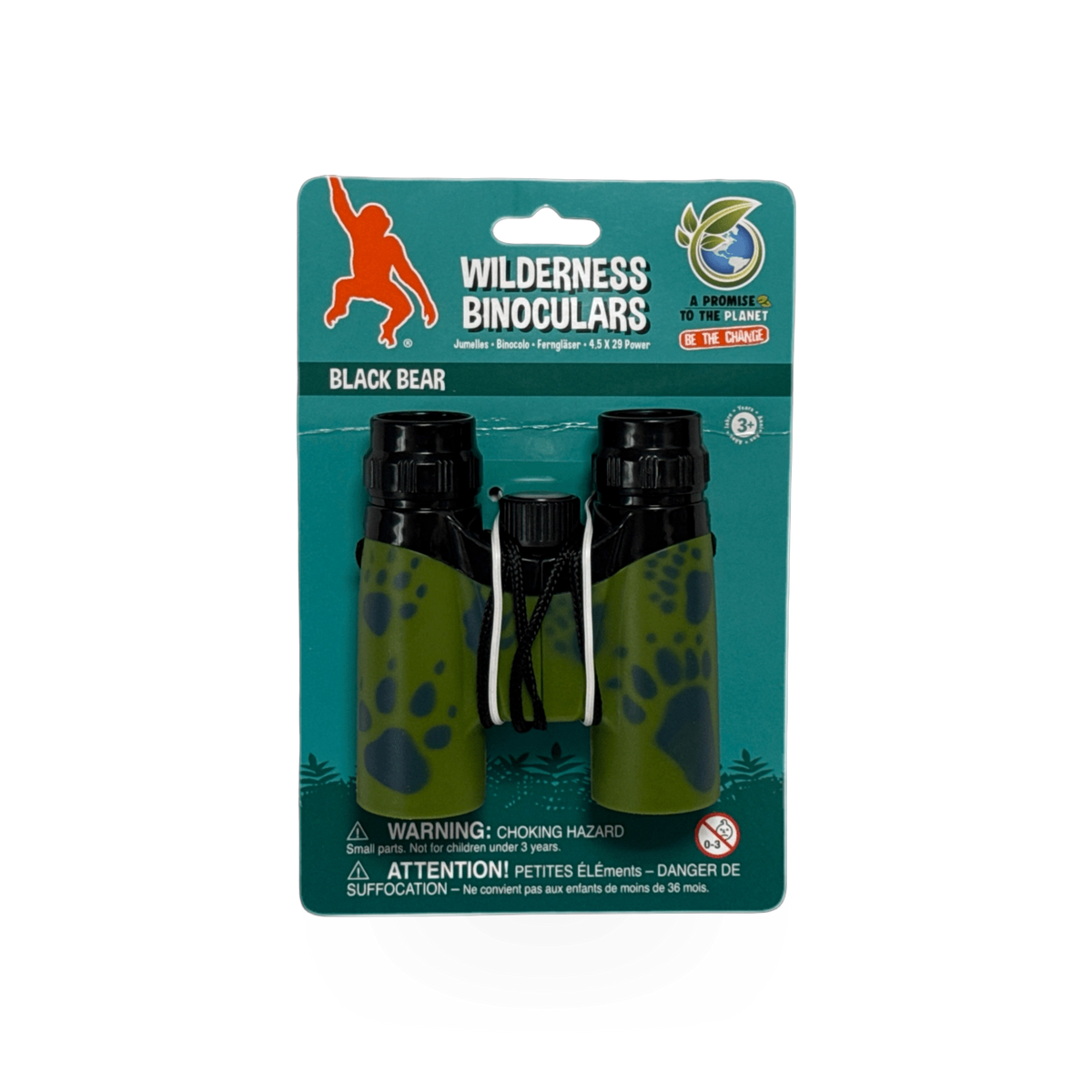 Wild Republic wilderness green binoculars showing a close-up of the compact, durable binoculars with green rubberized coating.