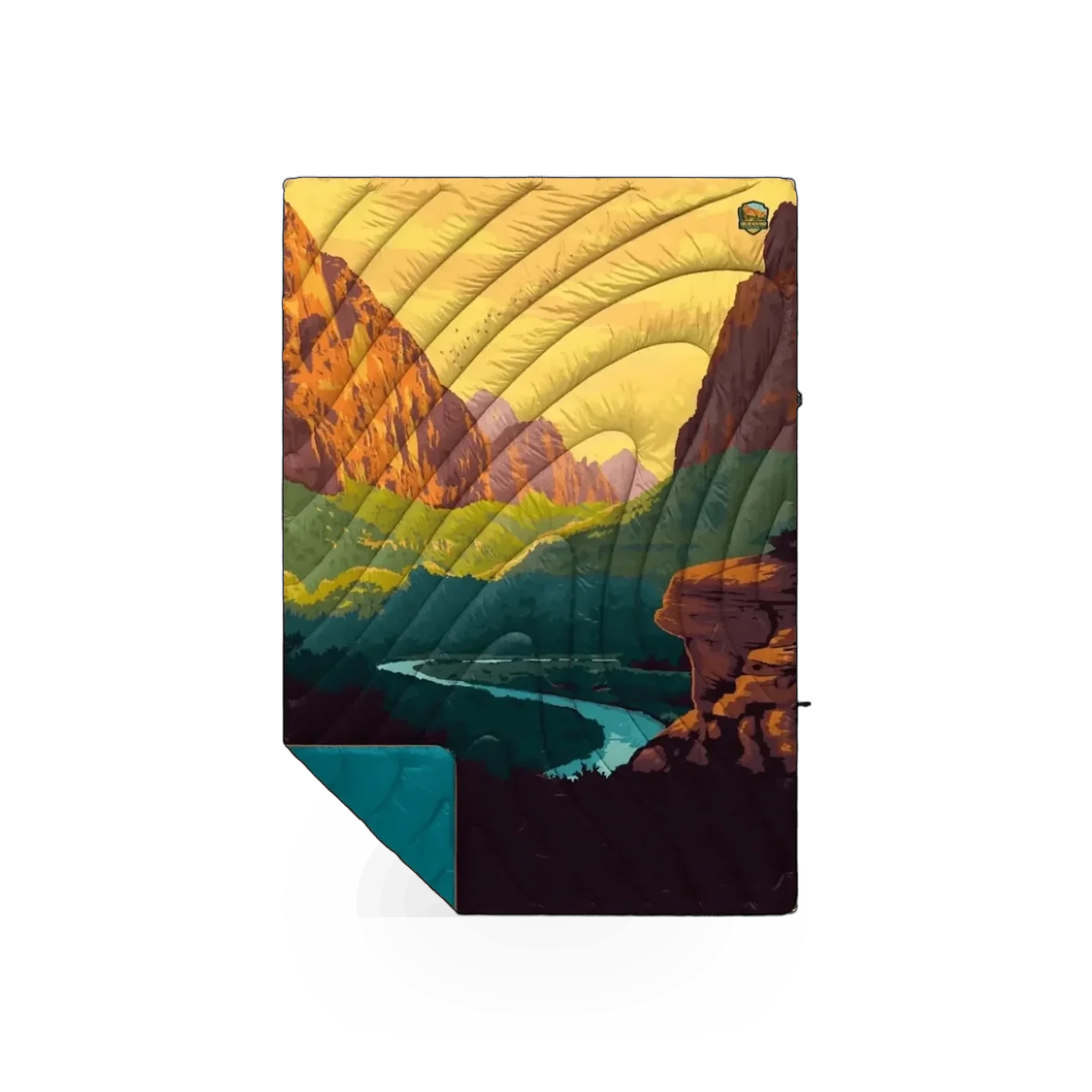 Rumpl Puffy blanket featuring Zion National Park theme, outdoor-inspired design, soft and cozy outdoor gear.