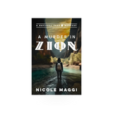 Cover of "A Murder in Zion" book by Independent Publishers Group, featuring a mysterious scene with dark and atmospheric imagery.