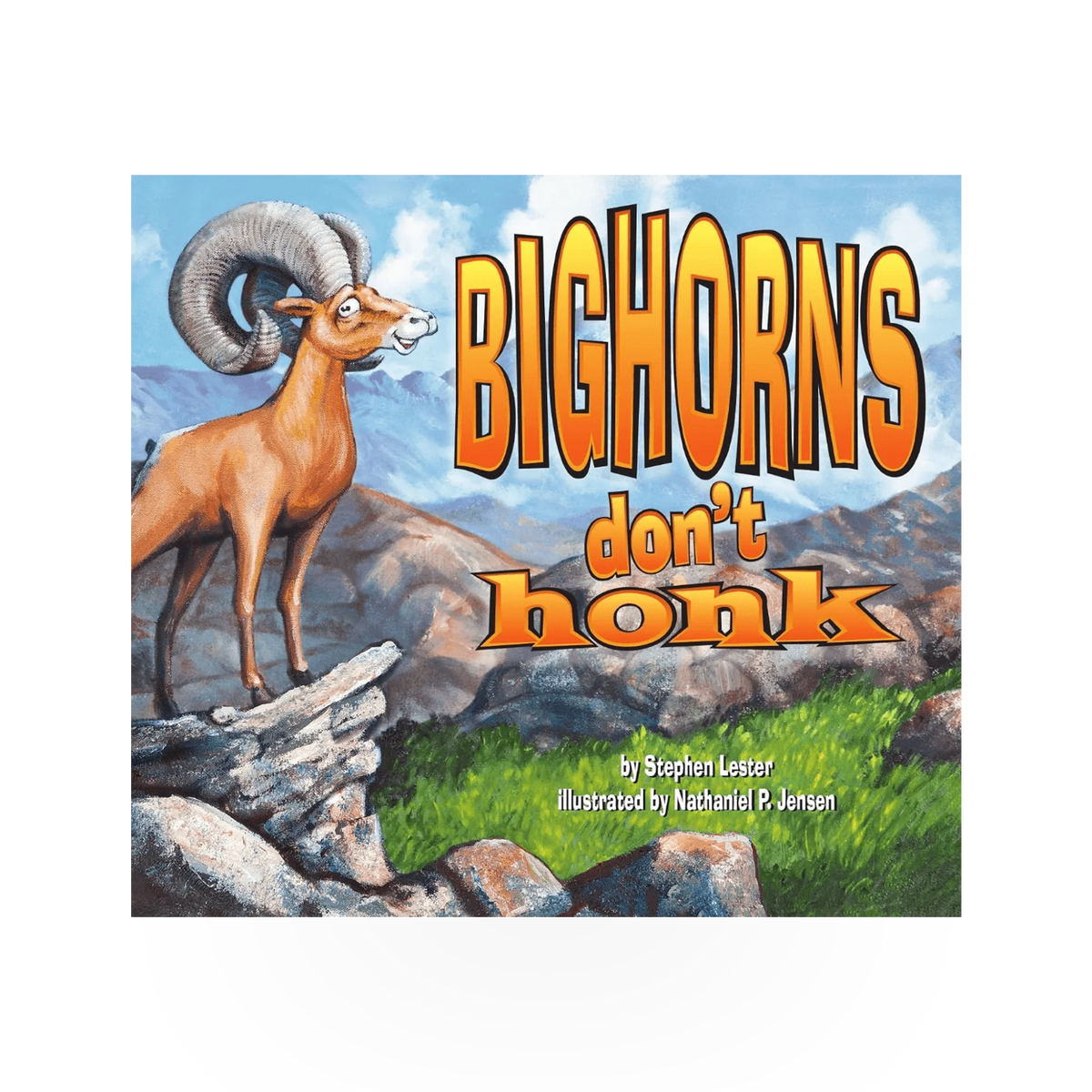 Sunbelt Publications book "Bighorns Don't Honk" featuring a cover image with wildlife illustrations and the book title.